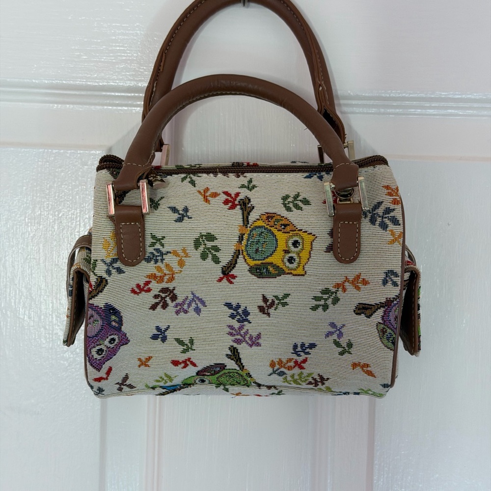 Owls Tapestry Print Handle Bag Purse Small Size Duffle Shape Signare